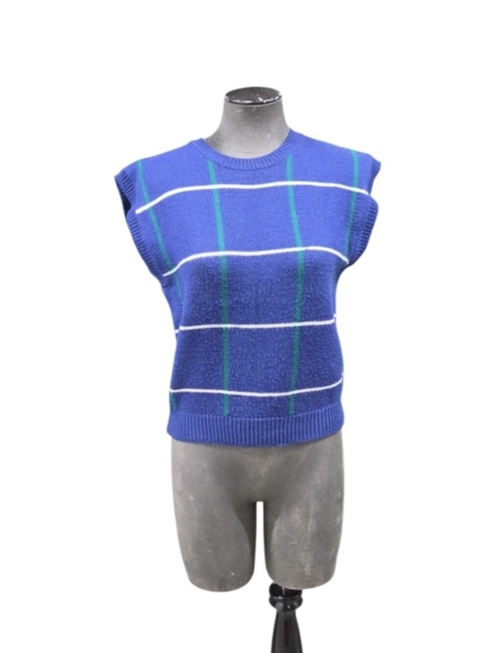 Vintage Russ Petites Small Blue Green Plaid Striped Crewneck Sweater Vest